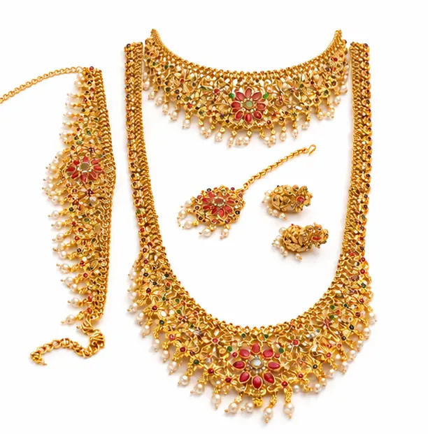Traditional South Indian Bridal Necklace Set with Choker, Maang Tikka & Earrings – Multicolor – Jokerwal Brothers