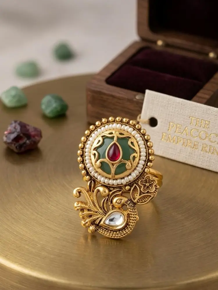 Royal Peacock Design Antique Gold Finger Ring with Red Stone, Green Enamel & Pearl Detailing – Multicolor – Jokerwal Brothers