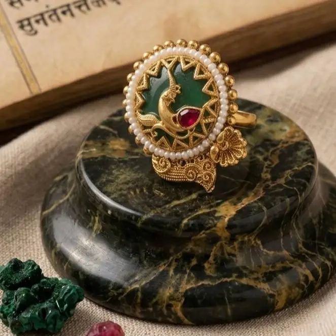 Peacock Green Enamel Pearl Ring for Women | Traditional Gold Finish Kundan Style Ring | Designer Ethnic Jewellery GF004 – Multicolor – Jokerwal Brothers