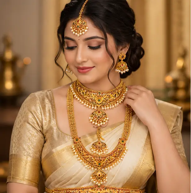 Traditional South Indian Gold Look Bridal Necklace Set with Long Haram, Choker, Maang Tikka, Earrings Temple Jewellery Set for Wedding & Festive Wear – Multicolor – Jokerwal Brothers
