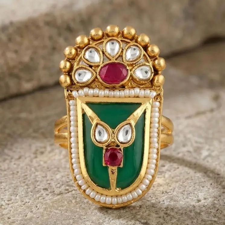 Green Enamel Kundan Designer Ring with Red Stone & Pearl Detailing GF005 – Multicolor – Jokerwal Brothers