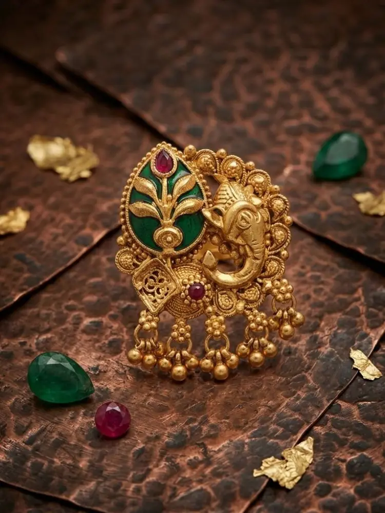 Ganesha Green Enamel Temple Style Gold Plated Finger Ring with Red Stone & Hanging Bead Details – Multicolor – Jokerwal Brothers