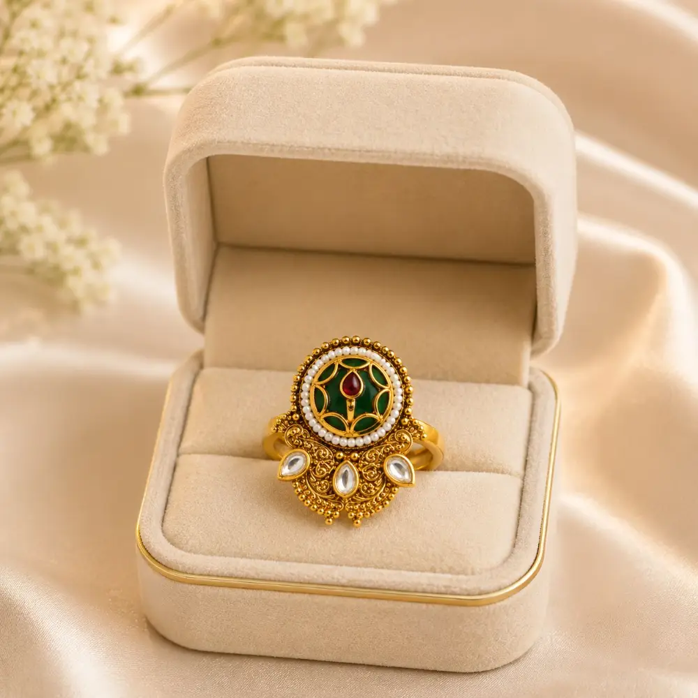 Traditional Green Kundan Ring for Women | Gold Plated Designer Statement Ring with Pearl & Stone Work – Gold – Jokerwal Brothers
