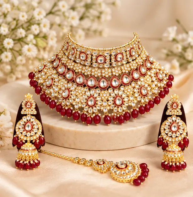 Traditional Kundan Bridal Necklace Set with Matching Earrings & Maang Tikka for Women MINI Bridal – Red – Jokerwal Brothers
