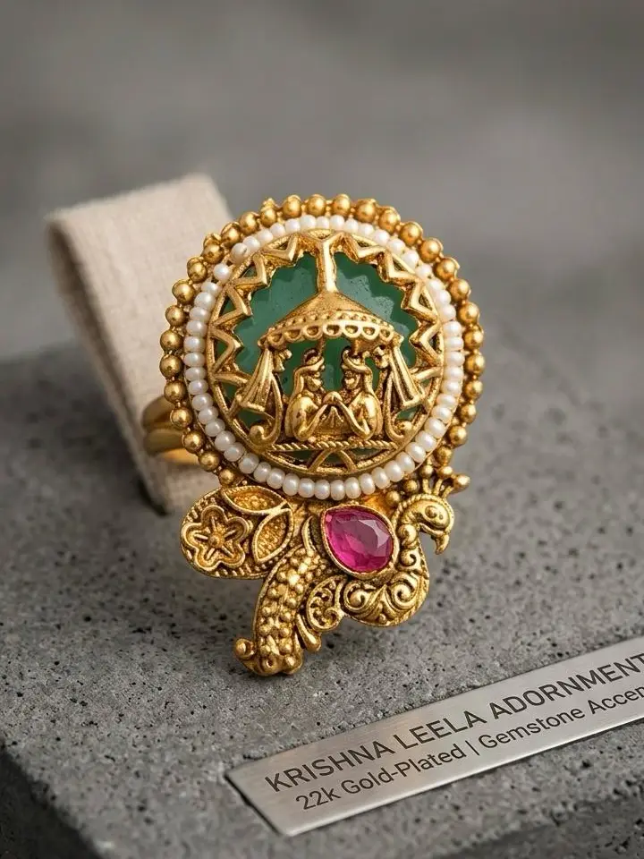 Traditional Temple Art Gold Finish Ring with Pearl Border, Green Enamel & Ruby Tone Stone – Multicolor – Jokerwal Brothers