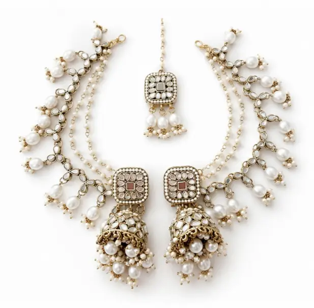 Traditional Kundan Bridal Jewellery Set with Pearl Jhumka Earrings & Maang Tikka | Indian Wedding Jewellery Set – White – Jokerwal Brothers