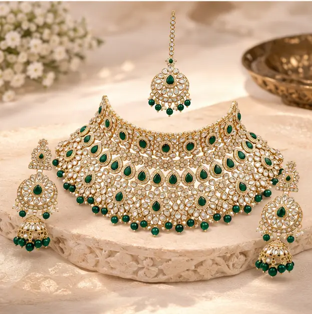 Bridal Green Kundan Necklace Set with Matching Earrings & Maang Tikka | Traditional Indian Wedding Jewellery Set – Green – Jokerwal Brothers
