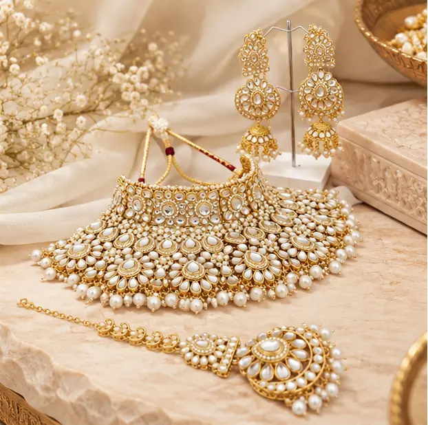 Premium Kundan Bridal Jewellery Set for Women | Gold Plated Necklace, Earrings & Maang Tikka Set – White – Jokerwal Brothers