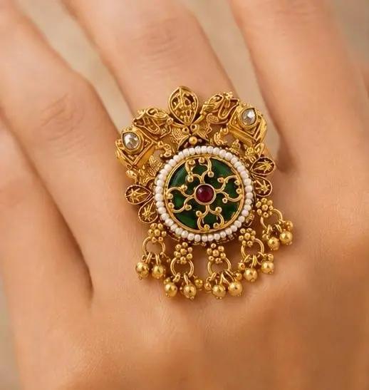 Traditional Gold Plated Kundan Finger Ring with Green Meenakari, Pearl Detailing & Hanging Beads | Designer Statement Ring for Women – Gold – Jokerwal Brothers