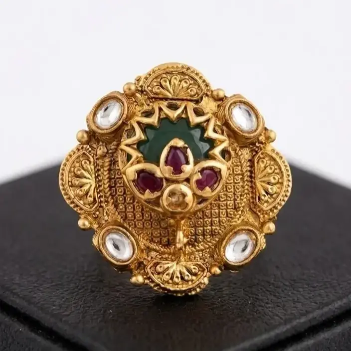 Antique Gold Plated Kundan & Ruby Statement Ring | Traditional Indian Designer Ring for Women – Multicolor – Jokerwal Brothers