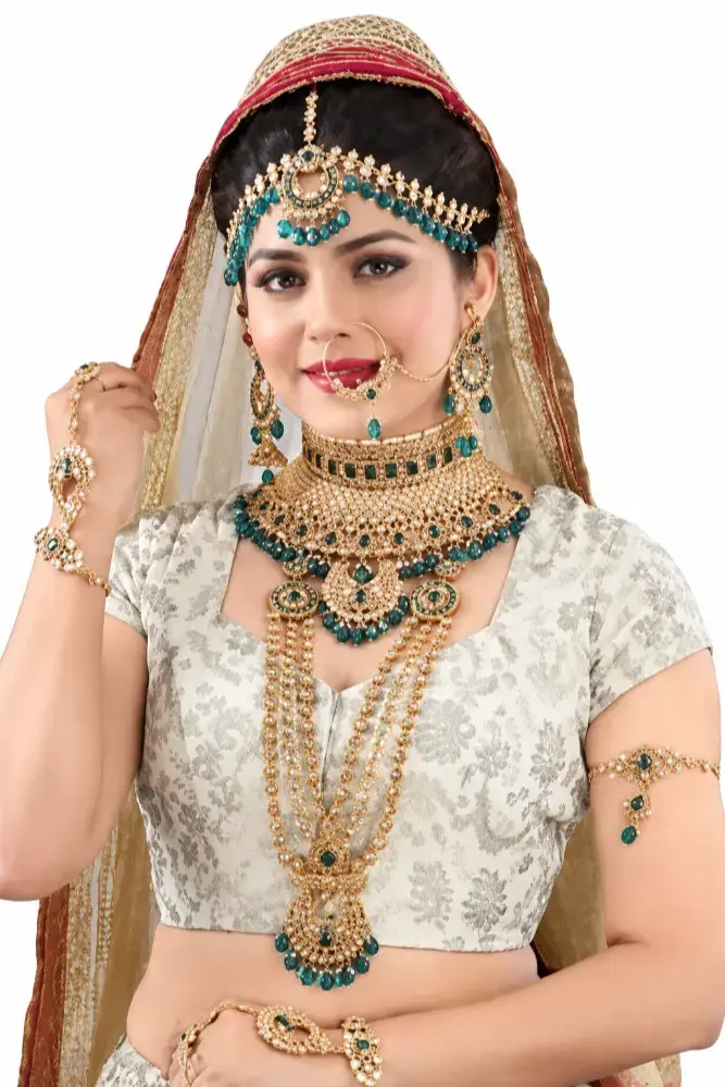 Bridal Jewellery Set for Women | Traditional Gold Finish Necklace Set with Green Stone, Choker, Long Haar & Matching Earrings – Green – Jokerwal Brothers